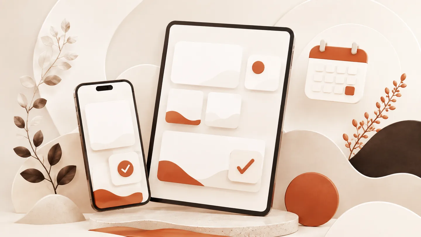 Booking on a phone and tablet beside a calendar