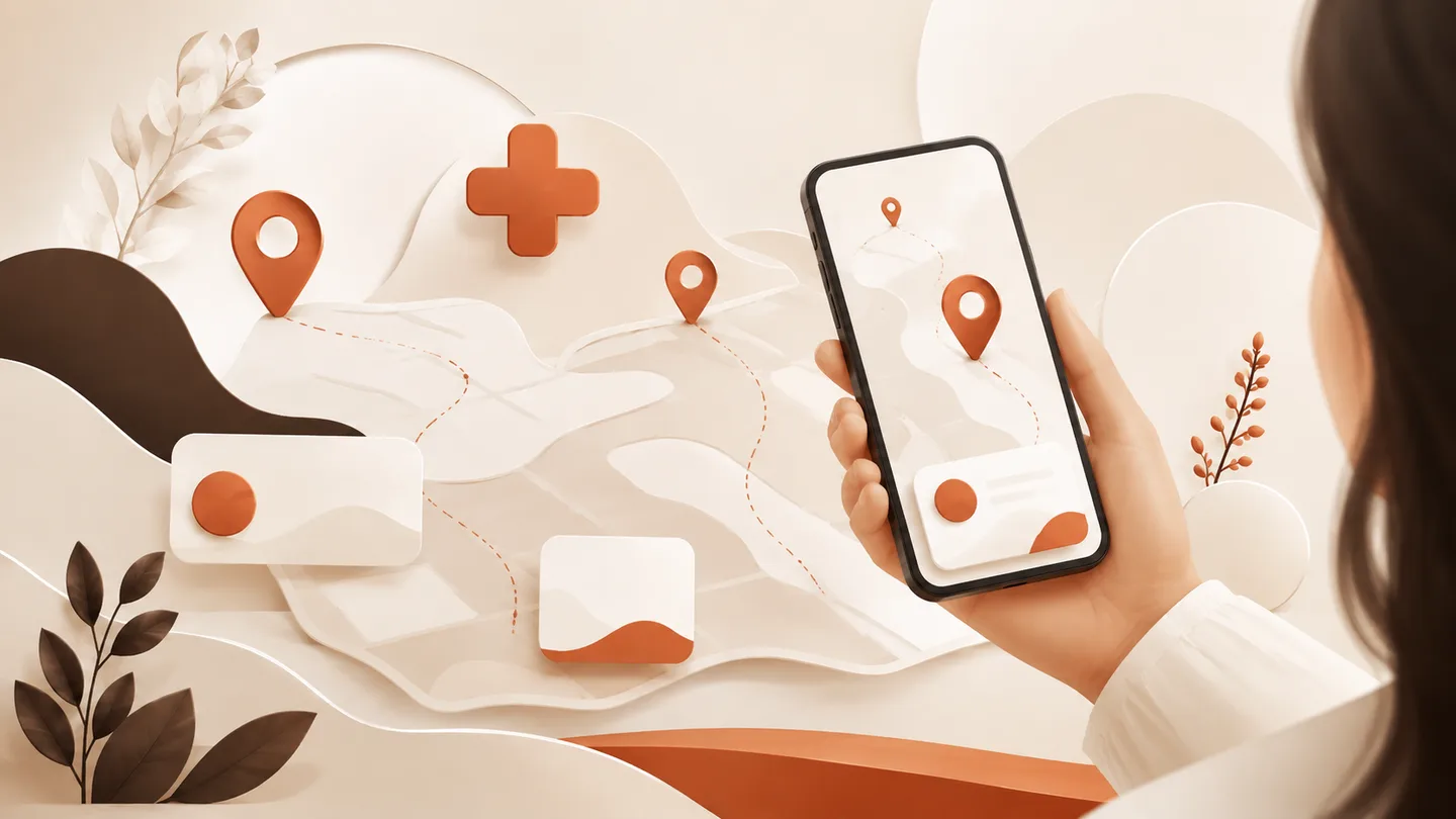 A patient following map pins to a practice on her phone
